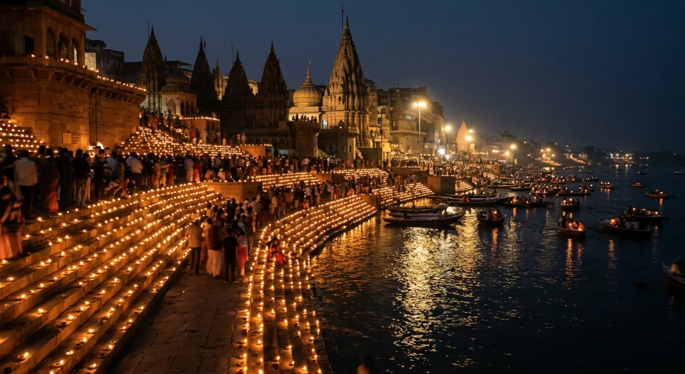Rows of clay oil lamps lit along the Varanasi ghat steps beside the Ganga during Dev Deepawali